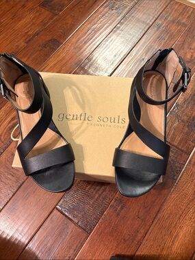 gentle souls Black Leather Crisscross Ankle Strap Sandals